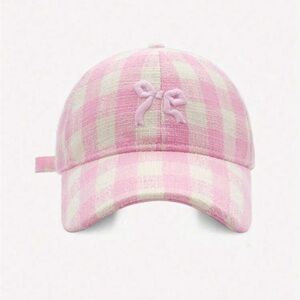 Adjustable Checkered Light Pink + White Embroidered Bowknot Baseball Cap OS New